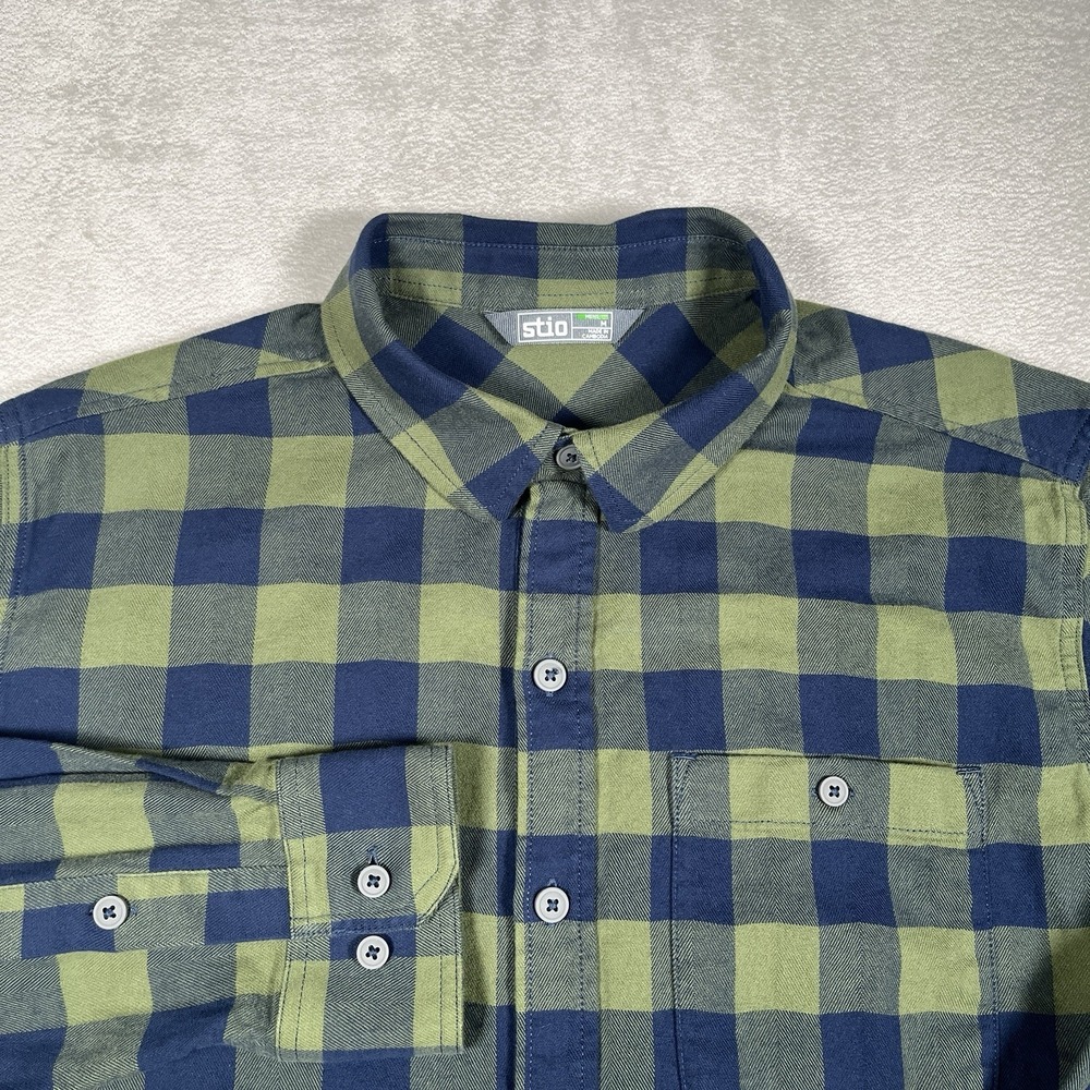 Stio Mens Medium Flannel Shirt Green Blue Buffalo Plaid Organic Cotton Stretch - Picture 5 of 9